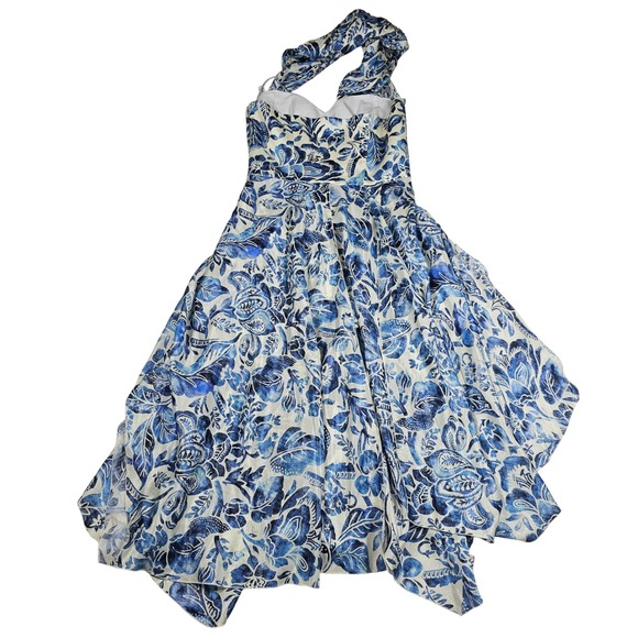 Auth RALPH LAUREN PURPLE LABEL Runway Silk Halter Dress Blue Floral Porcelain 8 - Picture 13 of 16